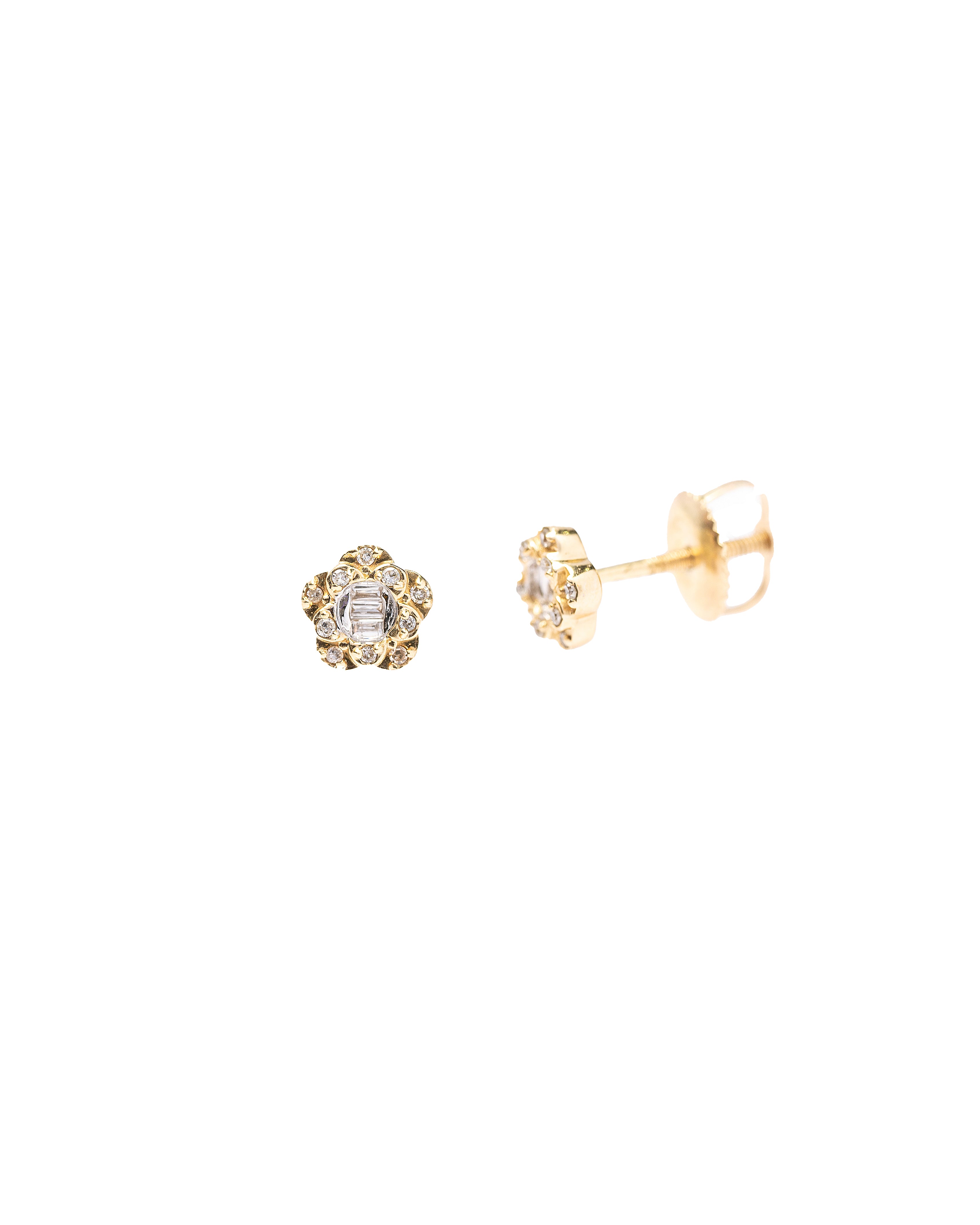 Gold earrings with clear gemstones on a white background