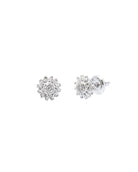 Pair of silver floral earrings on a white background