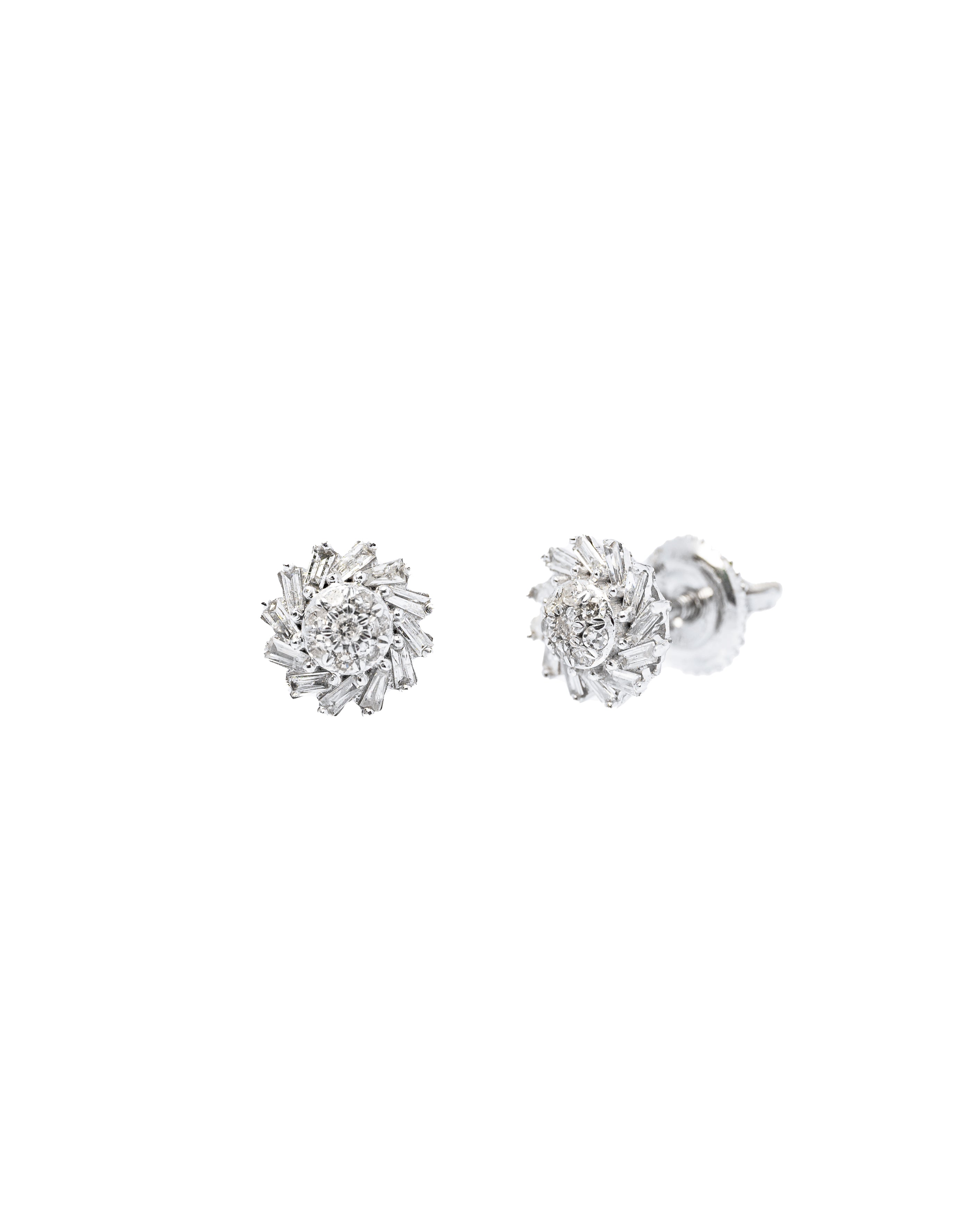 Pair of silver floral earrings on a white background