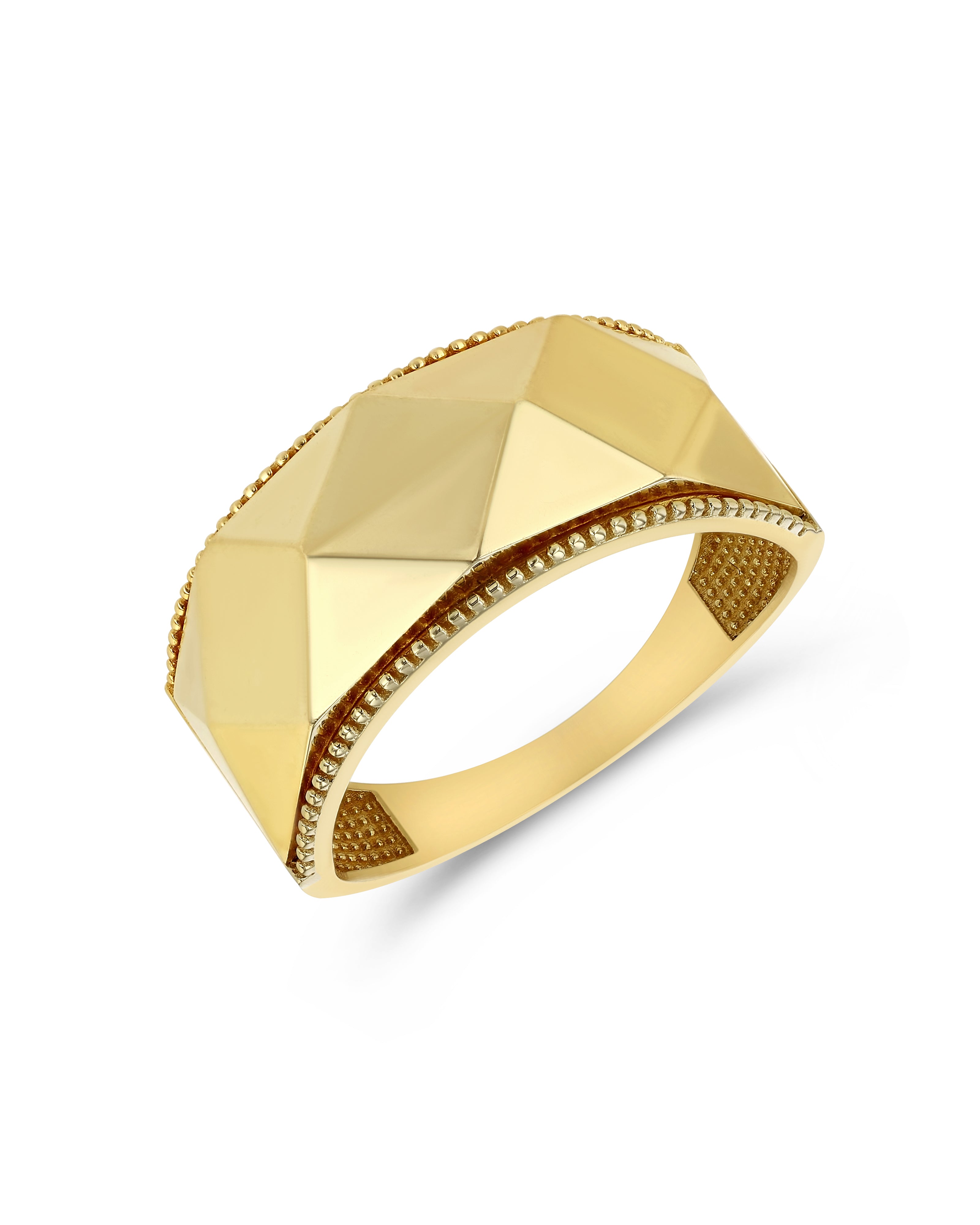 A 14K yellow gold ring with a geometric, faceted design and a band that tapers towards the back.