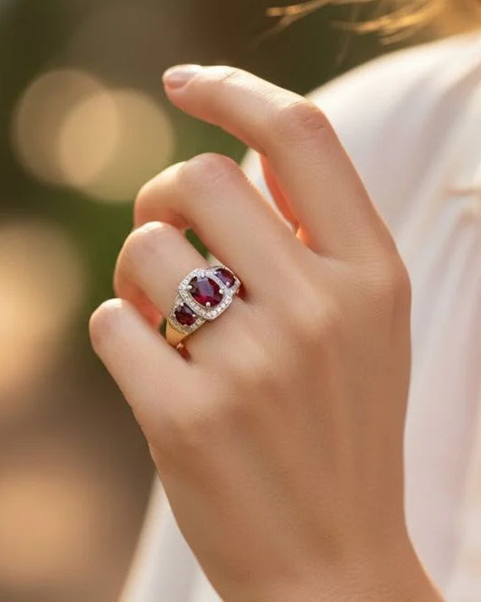 Hand wearing a ring with red gemstones against a blurred background