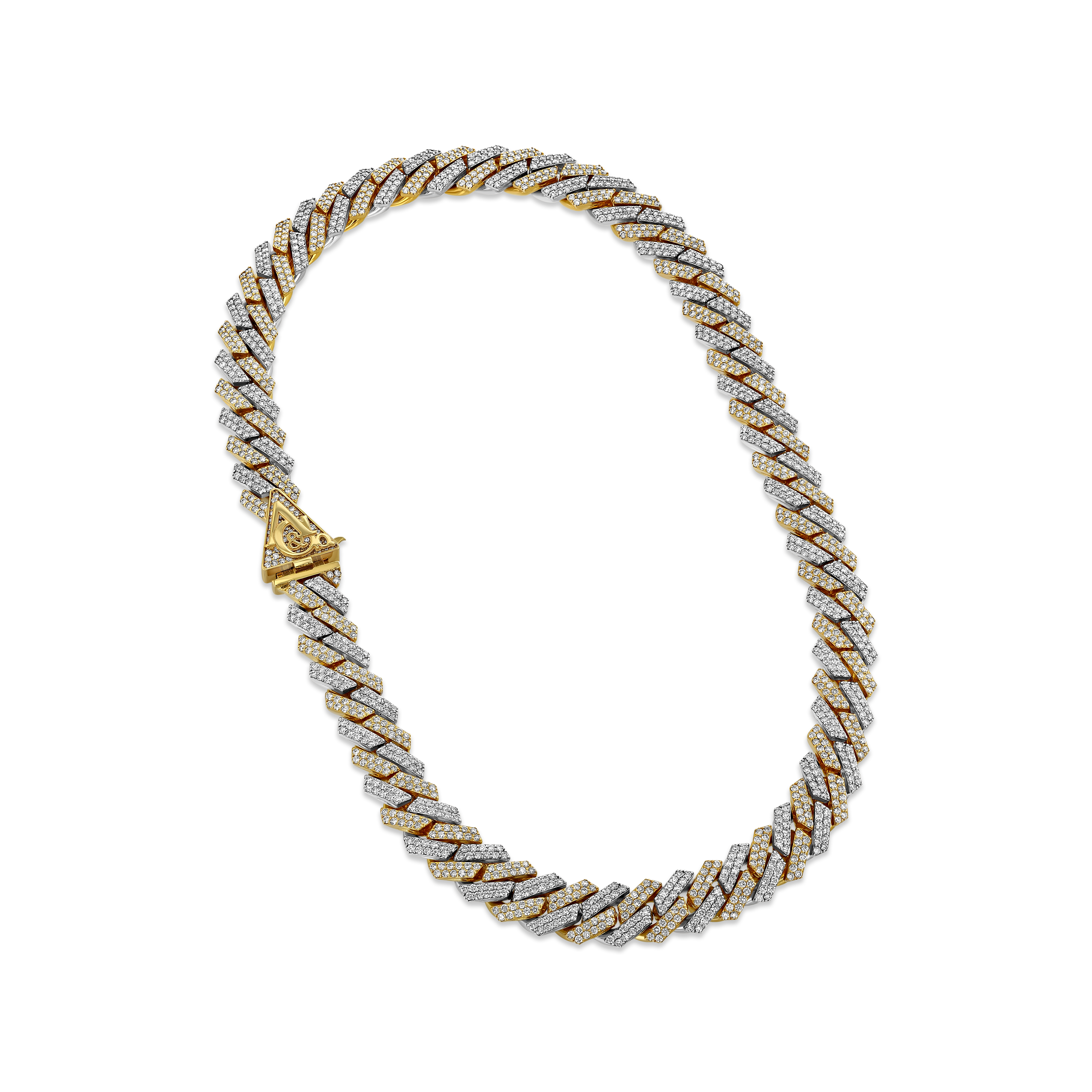 A two-tone, yellow and white gold Miami Cuban chain necklace with diamond accents.