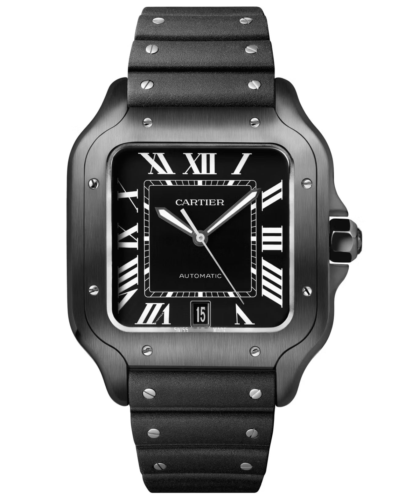 Black Cartier watch with a white face on a white background