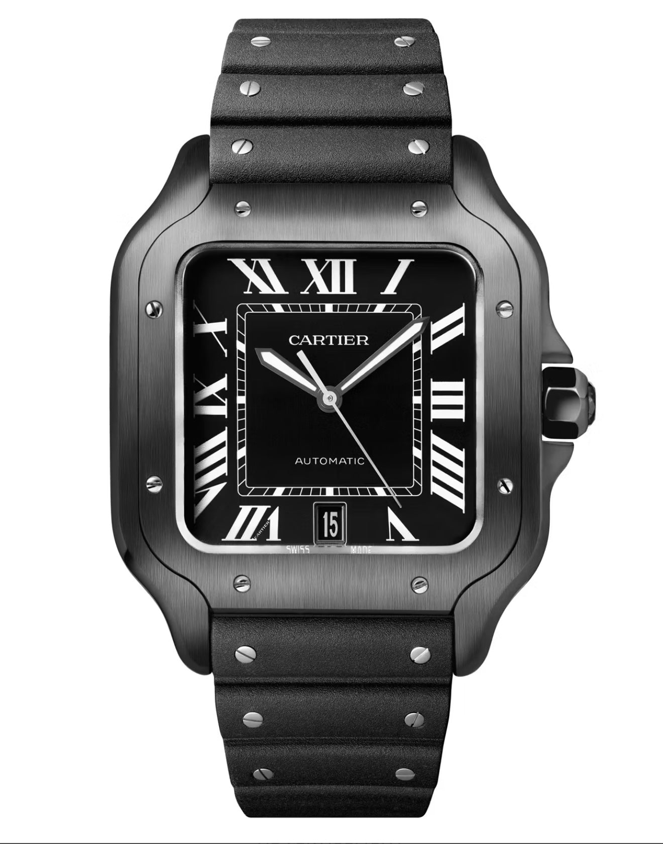 Black Cartier watch with a white face on a white background