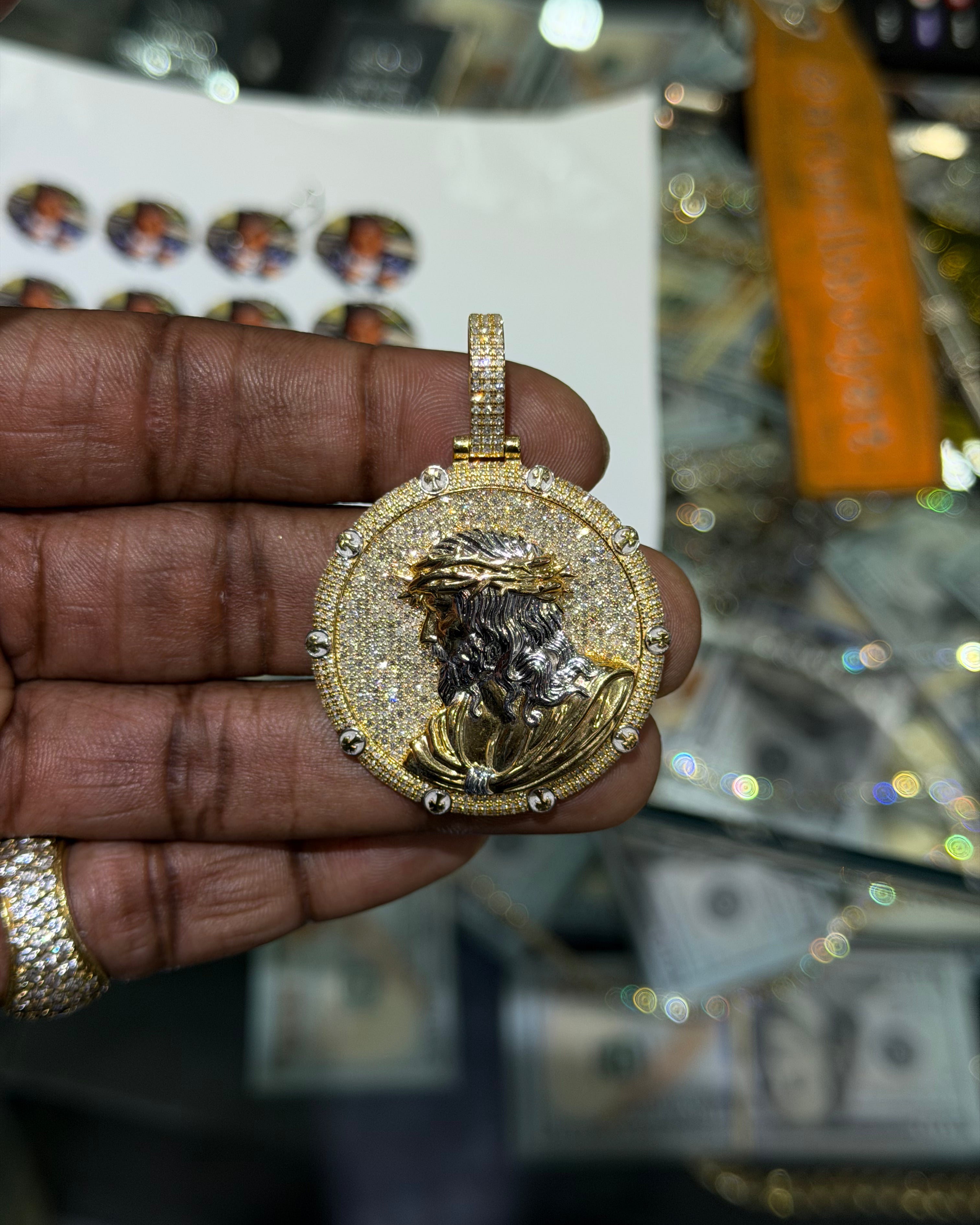 10k yellow white two tone 1.78 ct Dia medallion jesus pendant