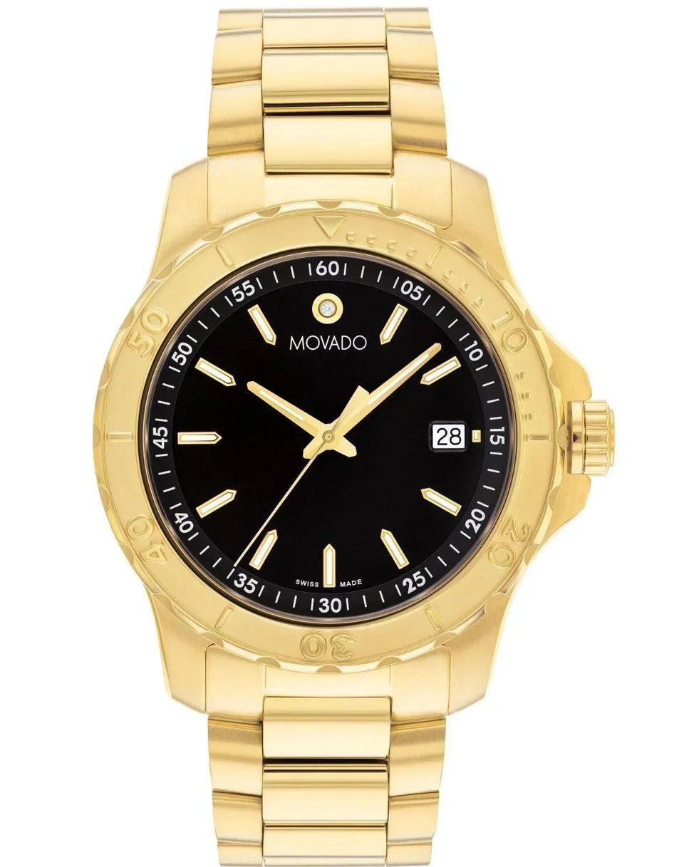 Gold Movado watch with black dial on a white background