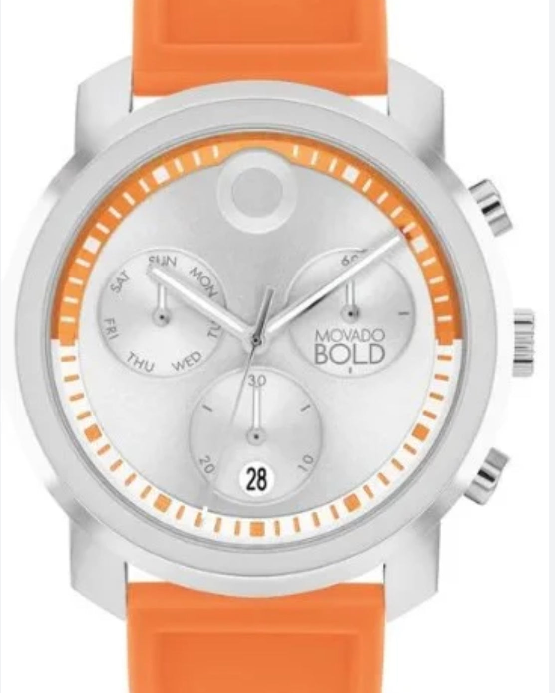 Wristwatch with orange strap and silver case on a white background