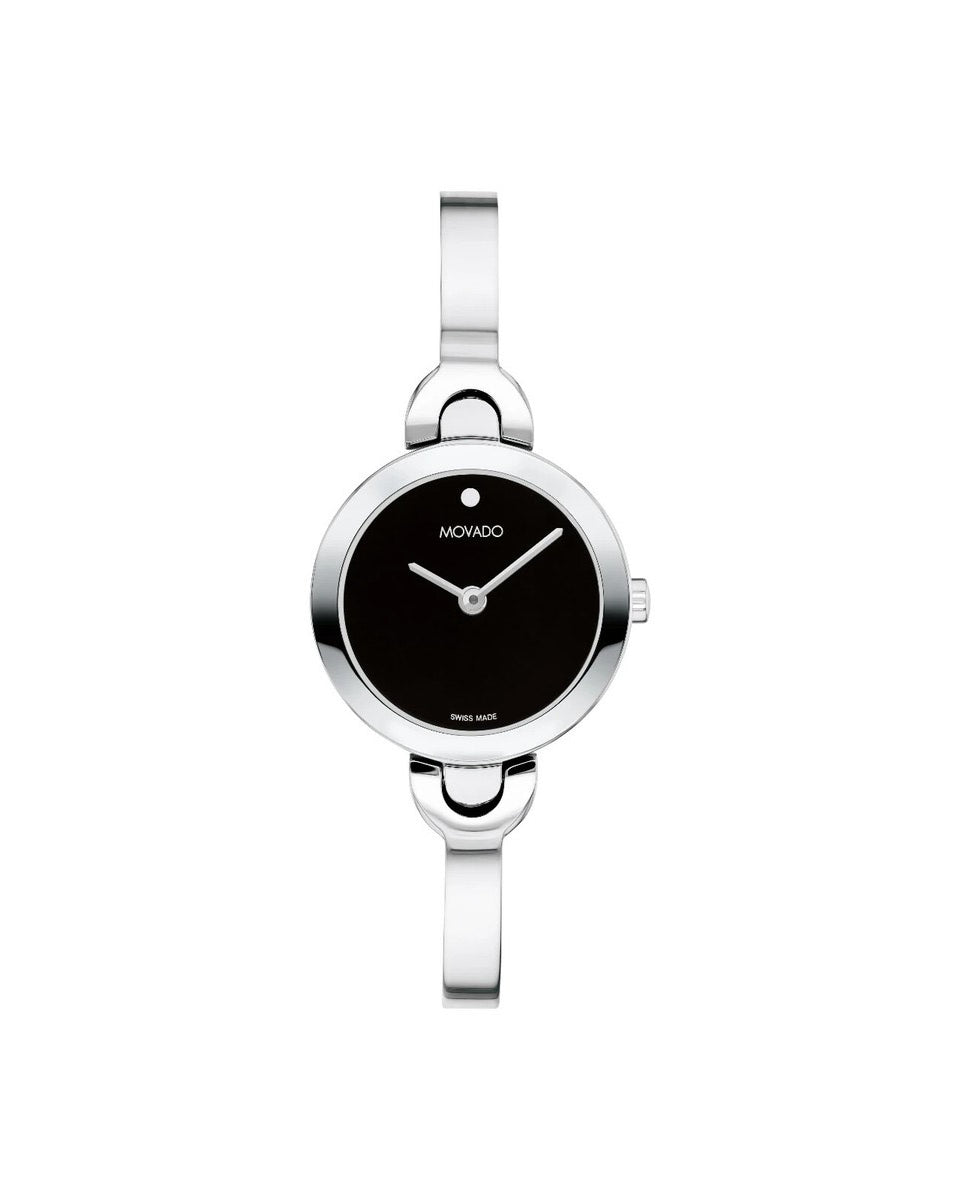 Silver watch with black dial on a white background
