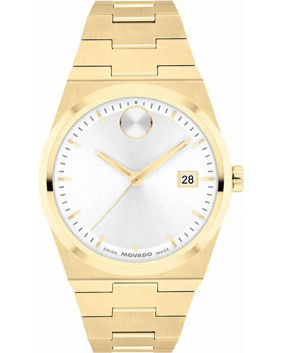 Gold wristwatch with a white face on a white background