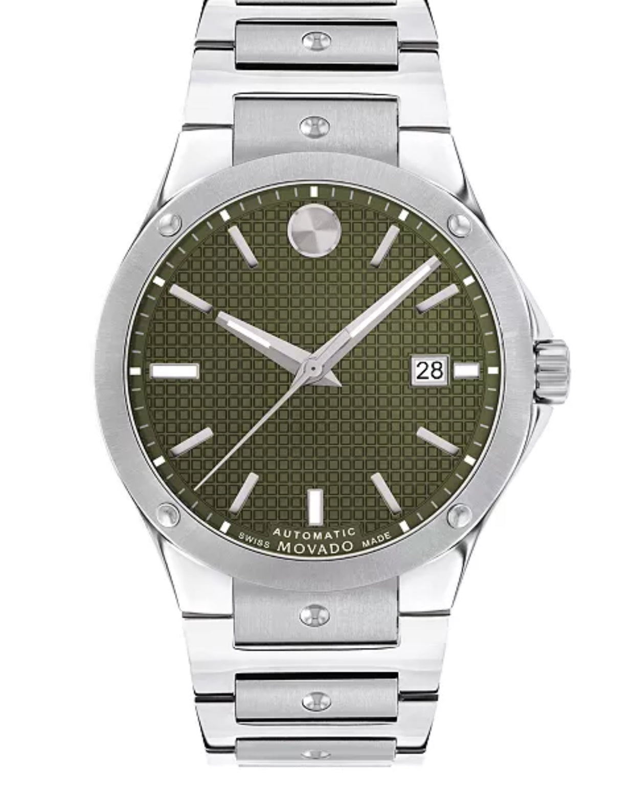 Silver watch with a green dial on a white background