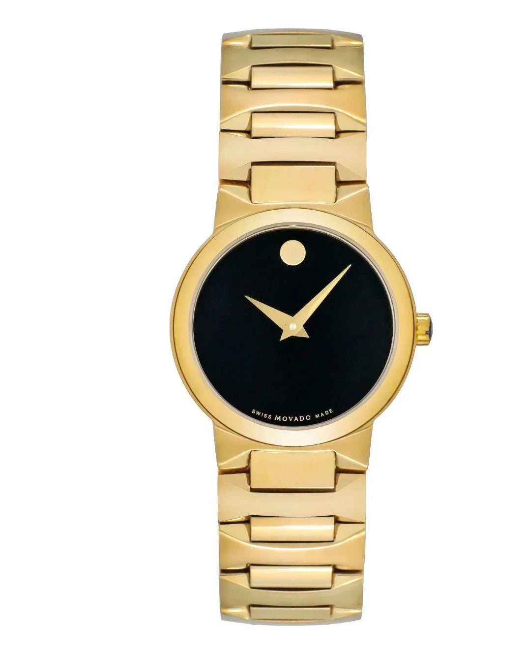 Gold wristwatch with black face on a white background