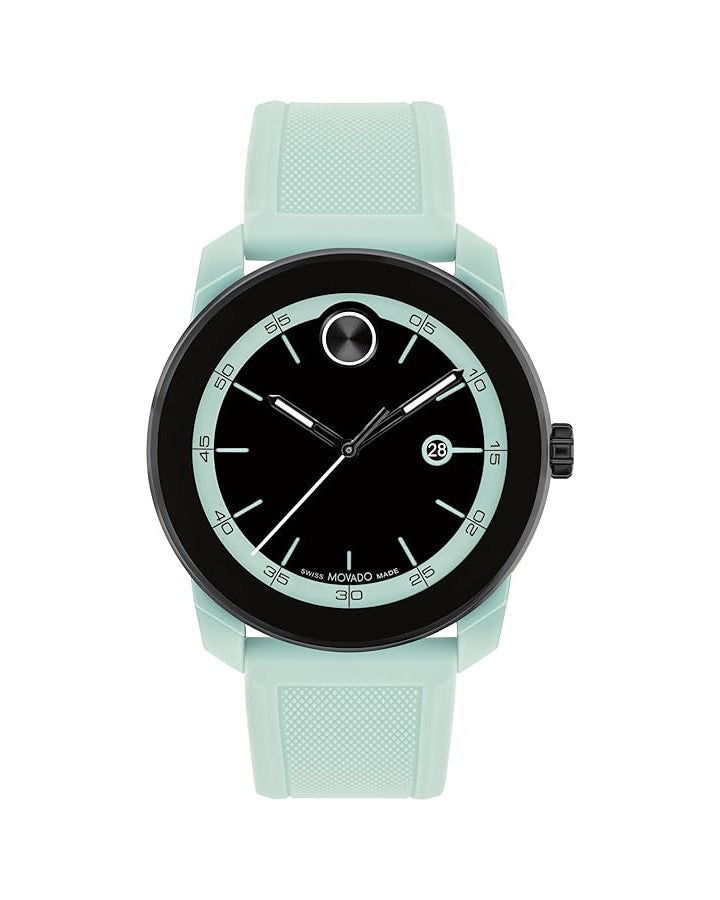 Watch with a light blue strap and black face on a white background