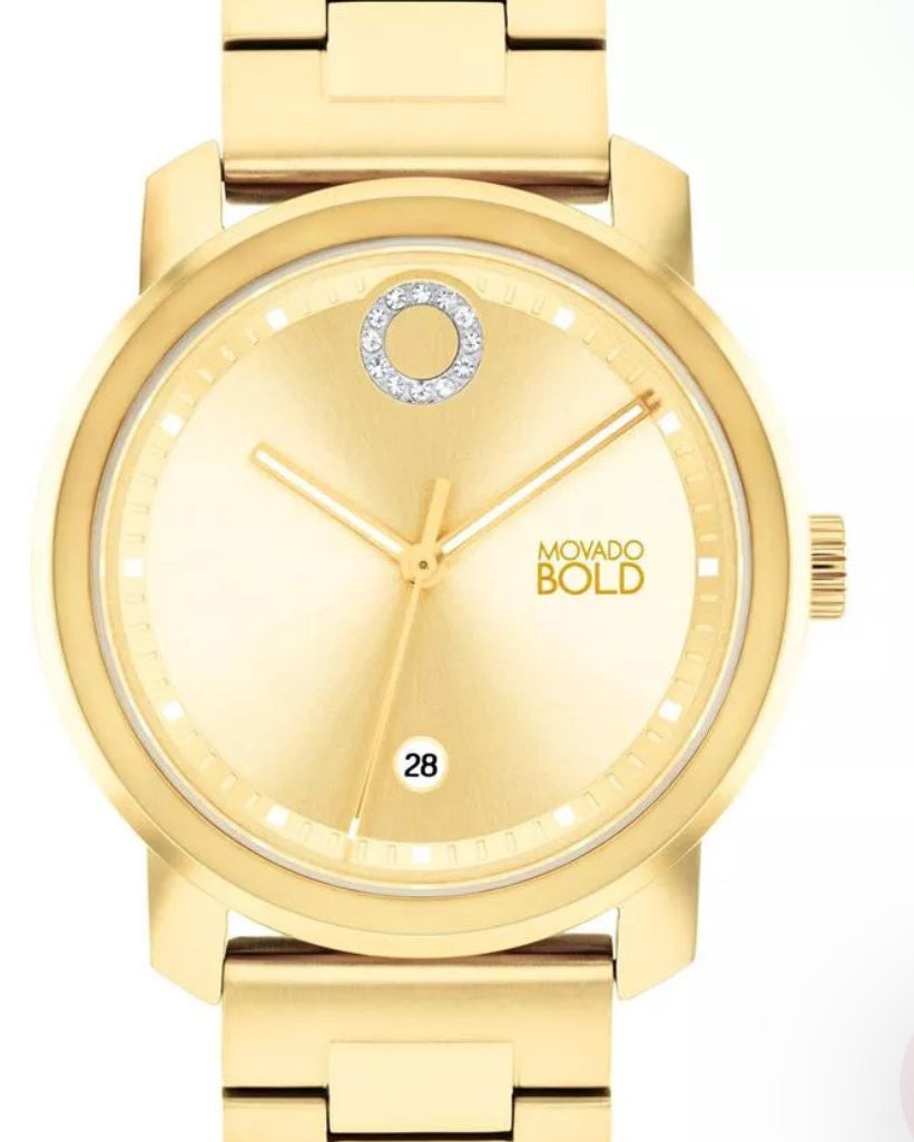 Gold watch with 'Movado Bold' branding on a white background