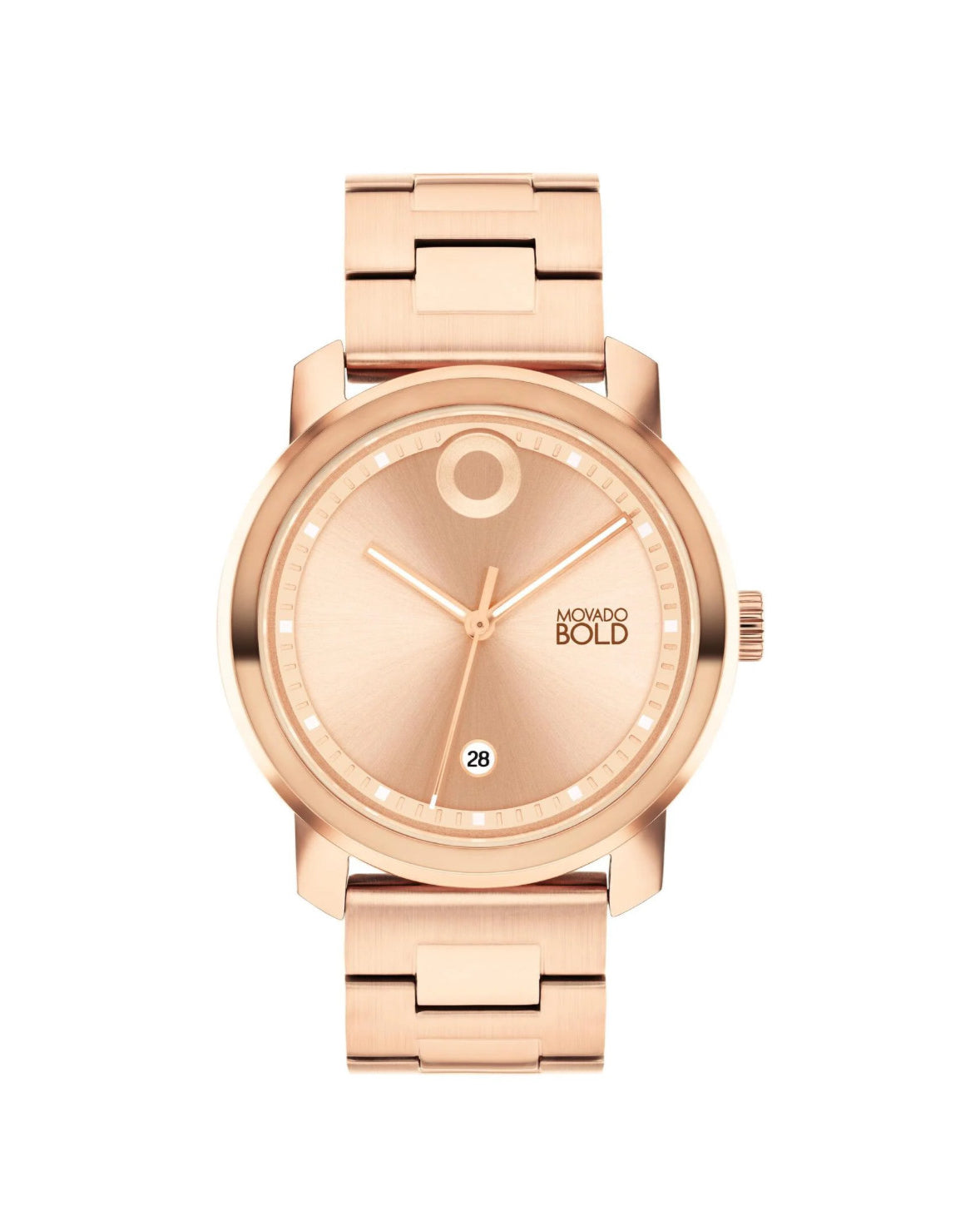 Rose gold watch with a white background