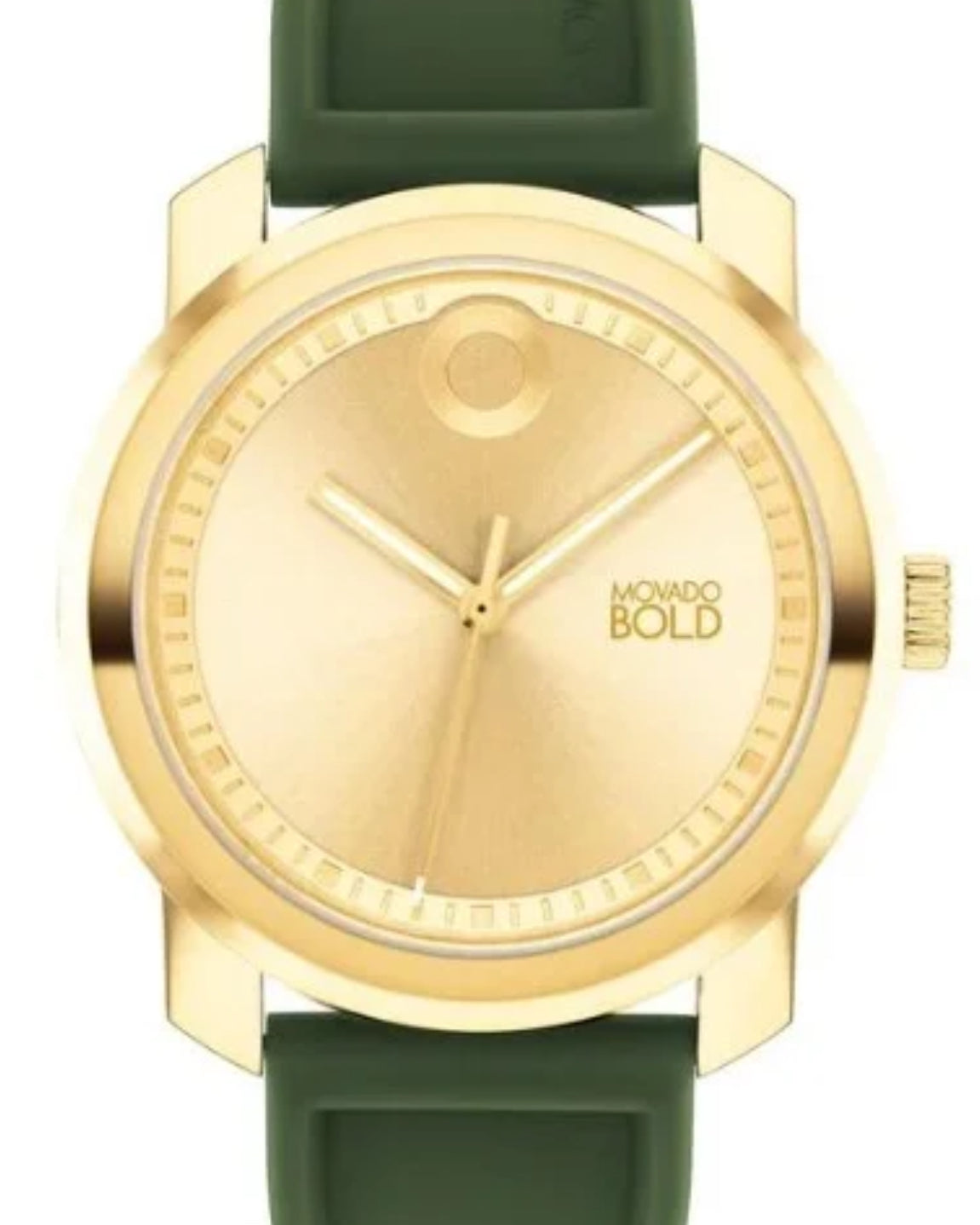 Gold watch with green strap on a white background