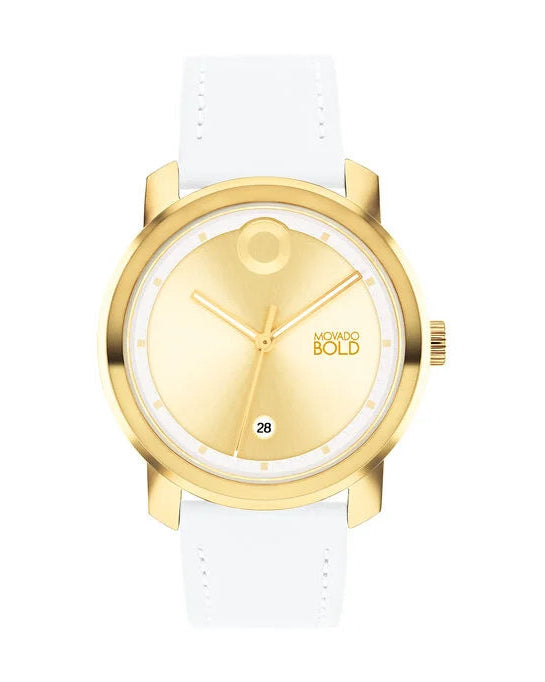Gold watch with white strap on a white background