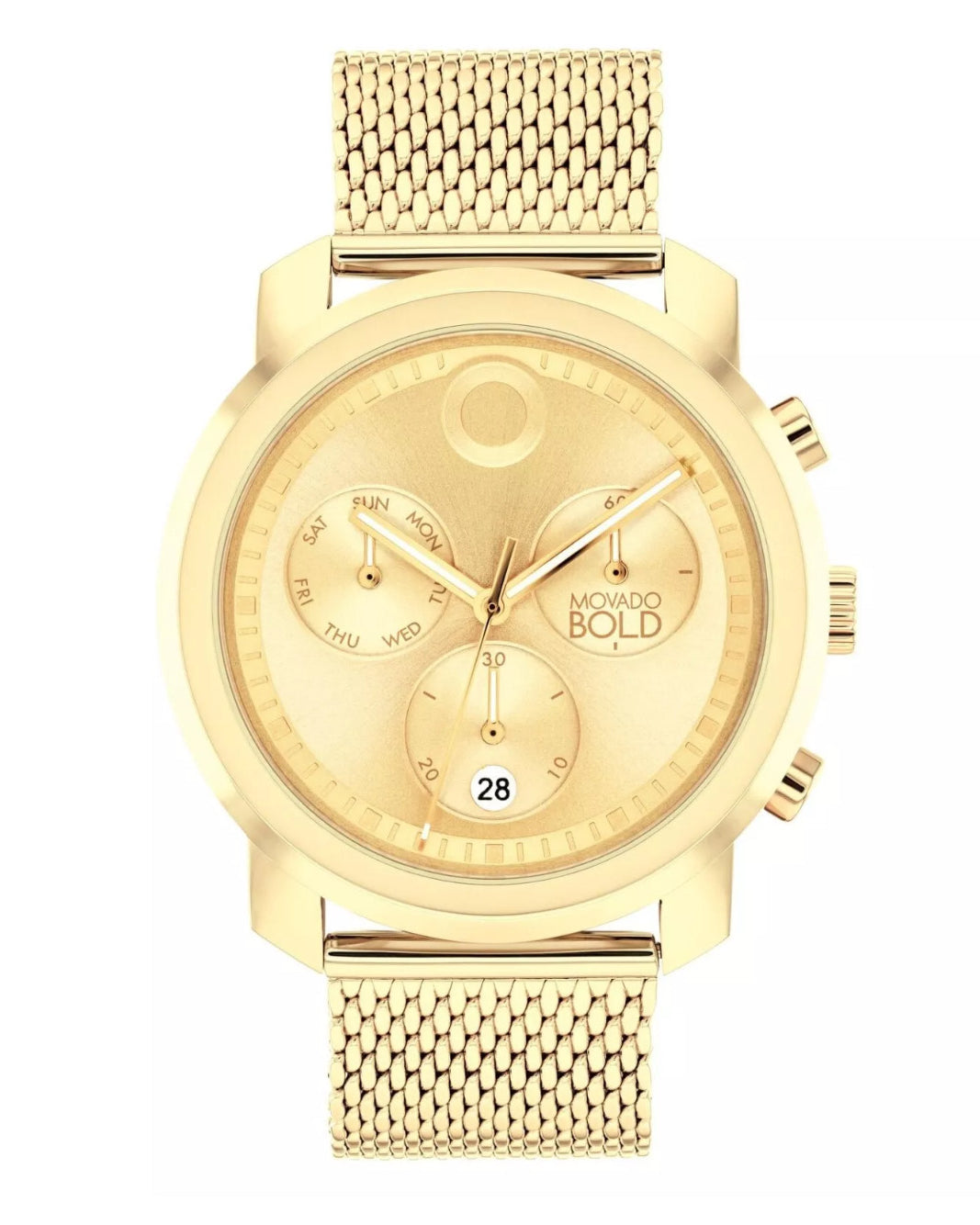 Gold watch with mesh band on a white background