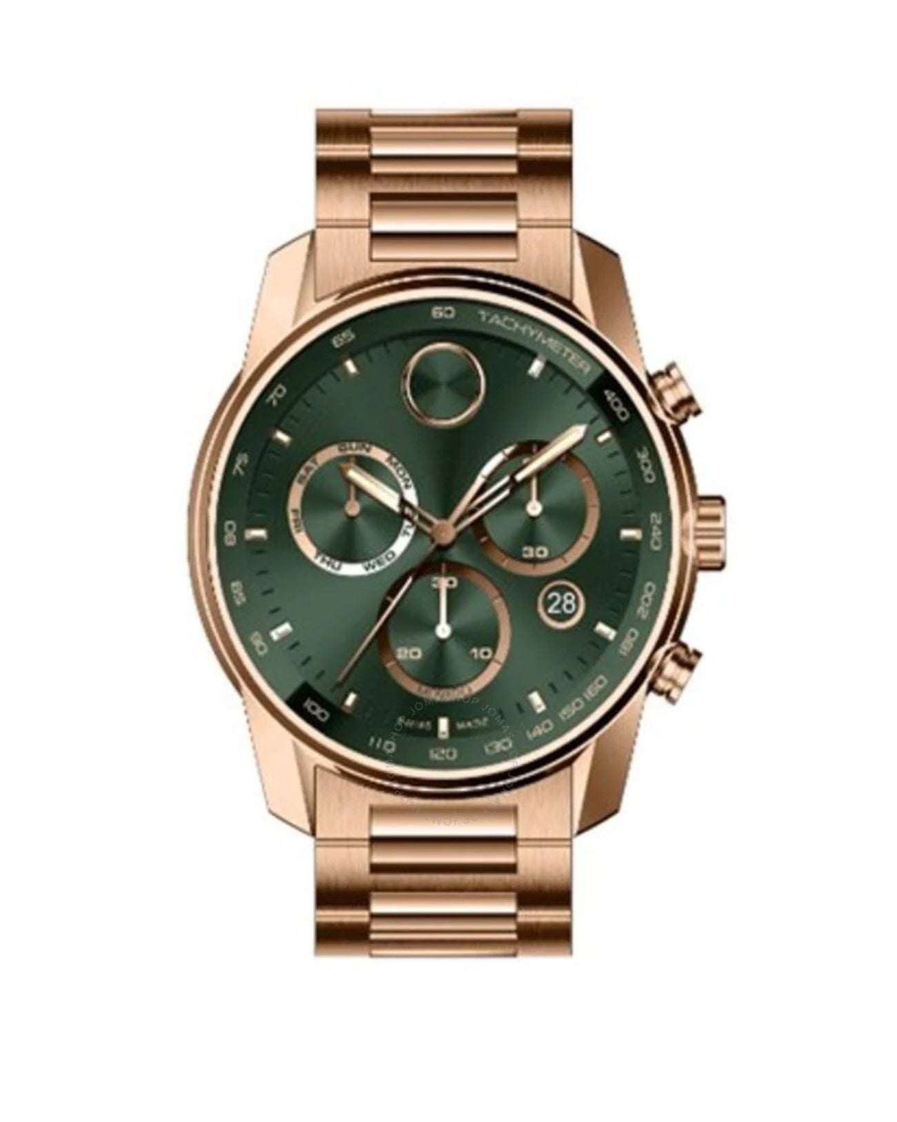 Luxury watch with rose gold case and green dial on a white background