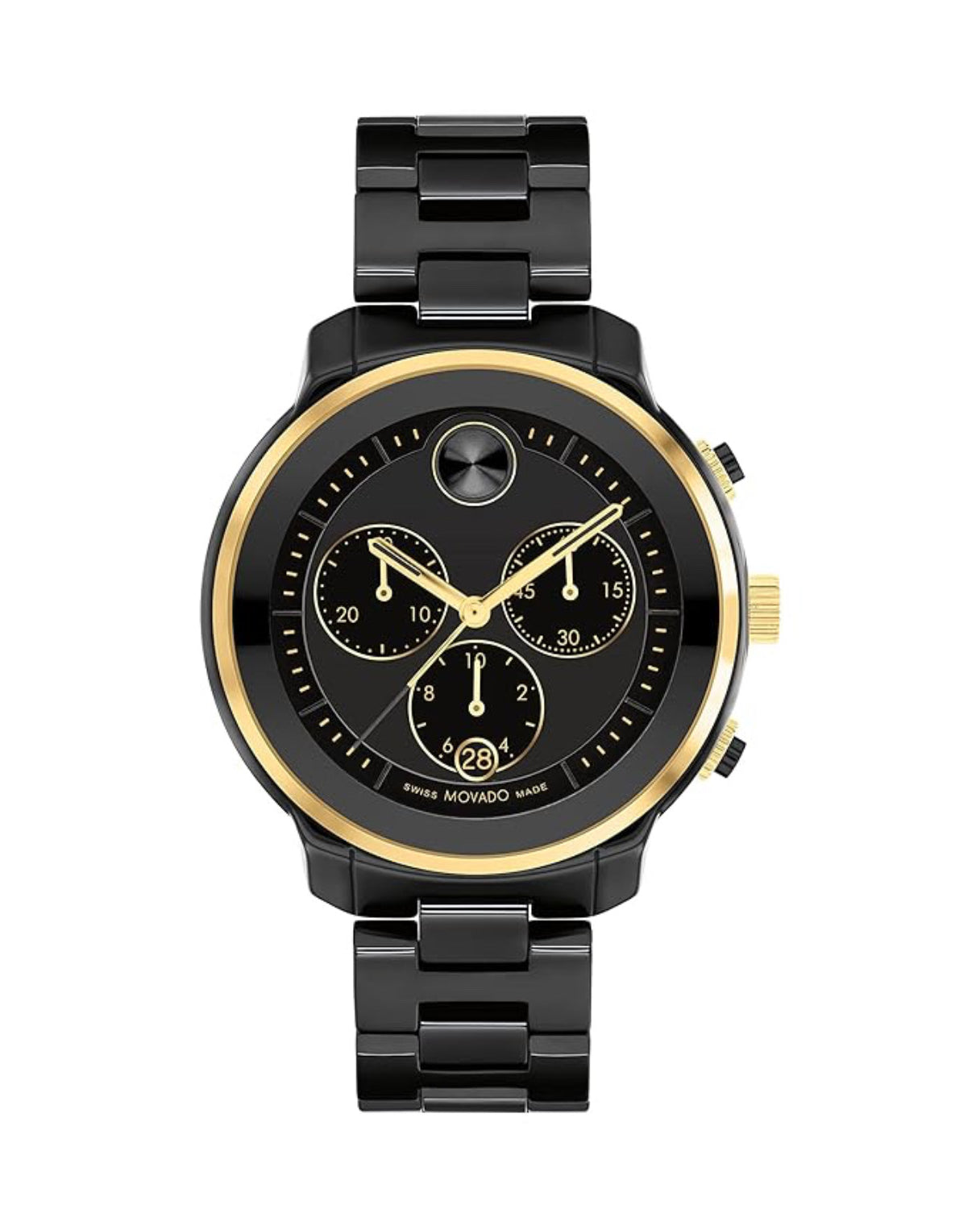 Black and gold watch with detailed face on a white background