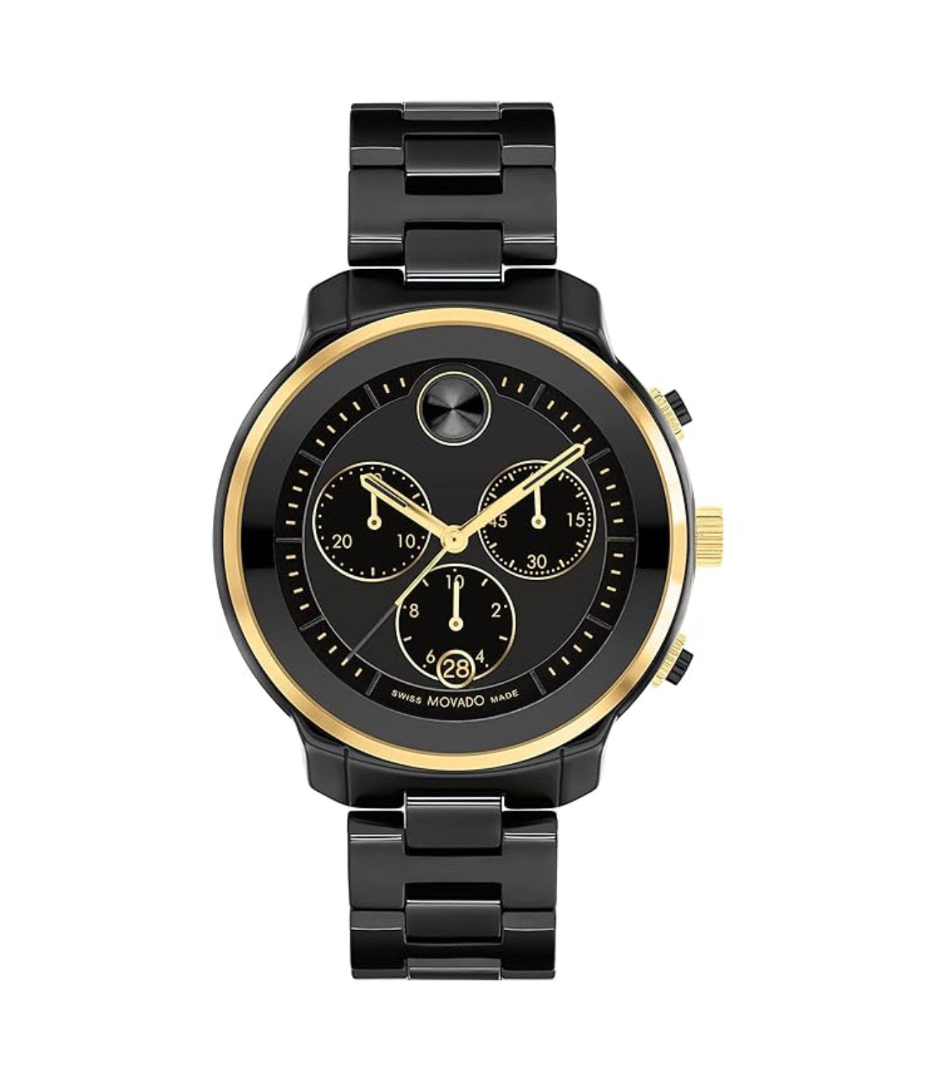 Black and gold watch with detailed face on a white background