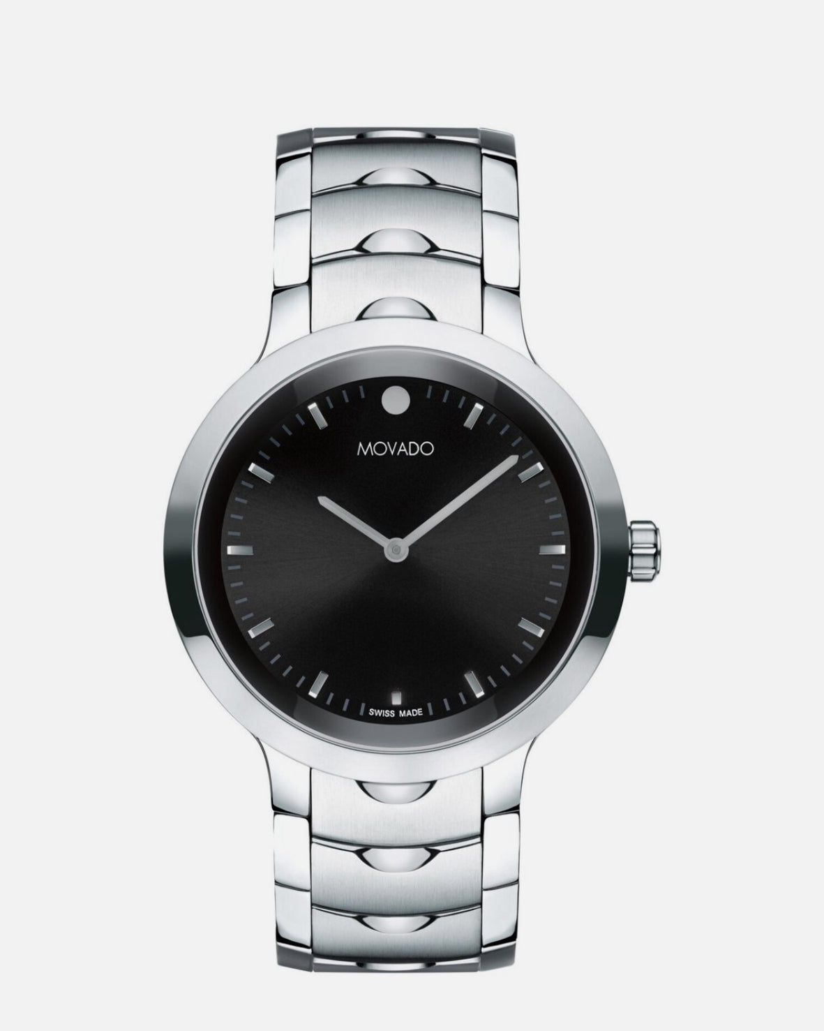 Silver Movado watch with black dial on a white background