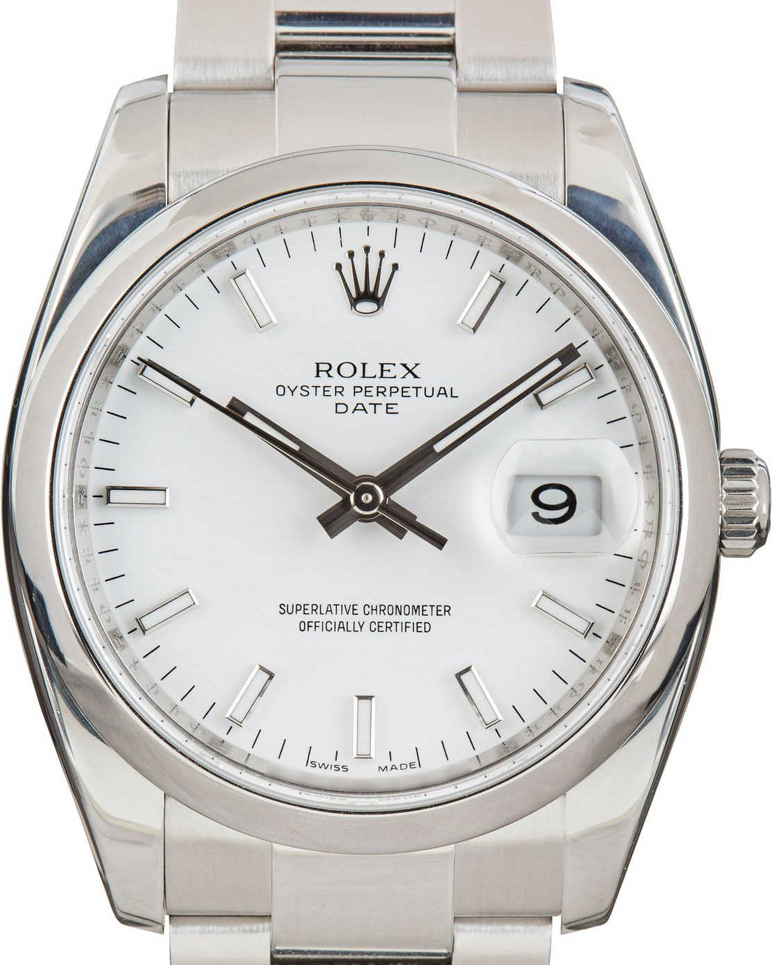 Silver Rolex watch with a white face on a white background