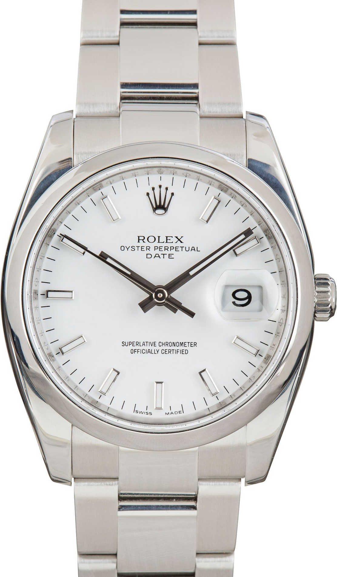Silver Rolex watch with a white face on a white background