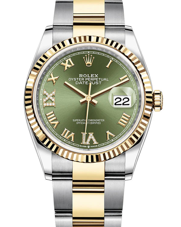 Luxury watch with green dial and gold and silver band on white background