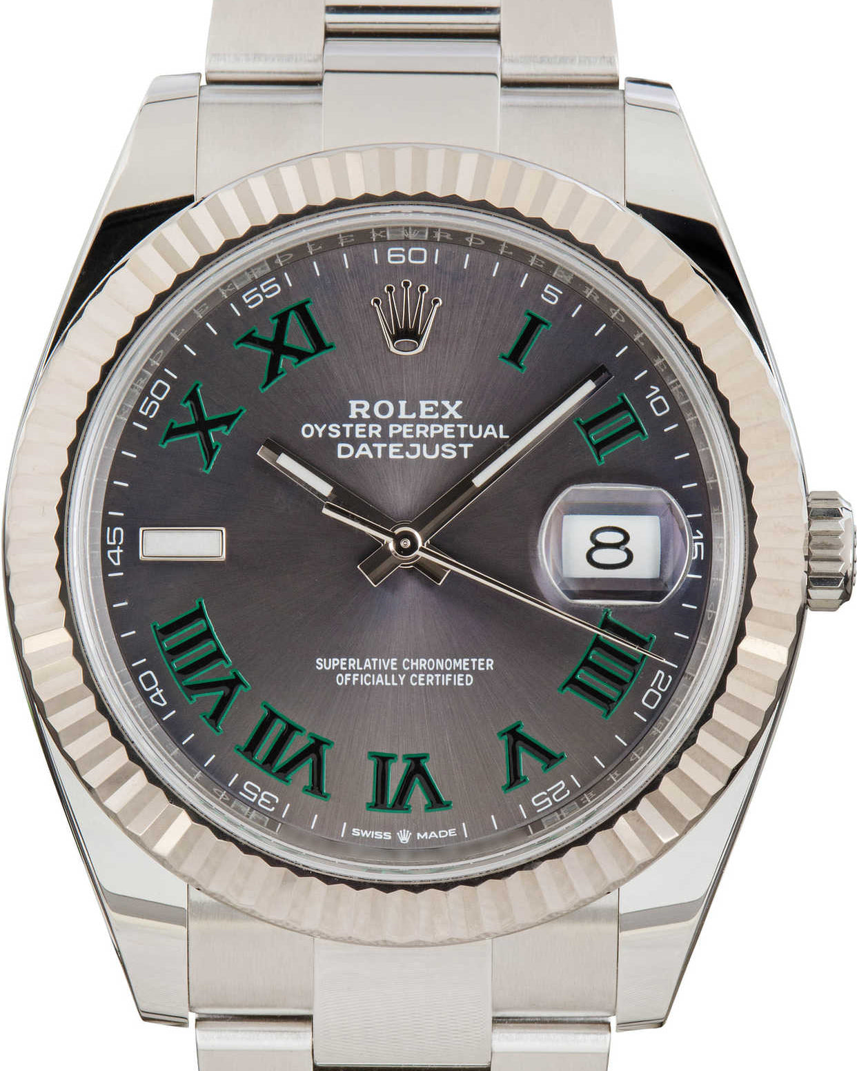 Silver Rolex watch with a gray face and green Roman numerals on a white background