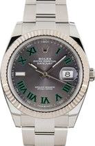 Silver Rolex watch with a gray face and green Roman numerals on a white background