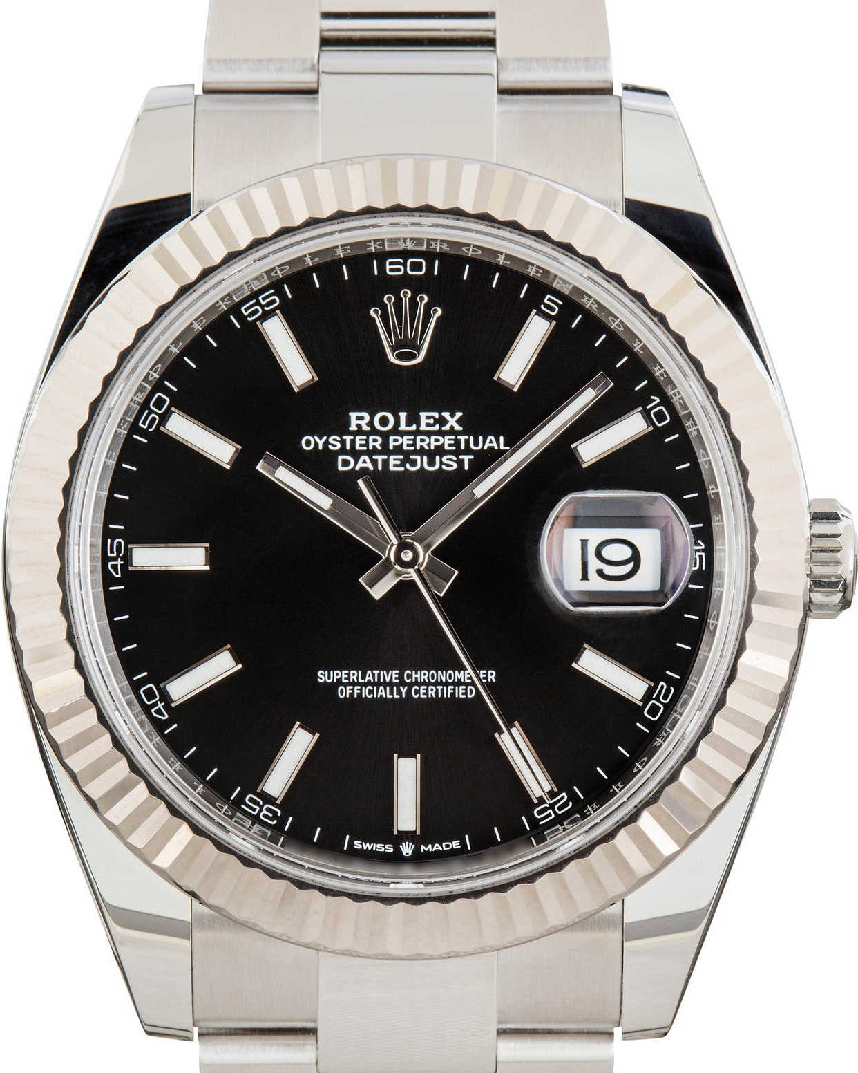 Rolex watch with black dial and silver metal strap on a white background