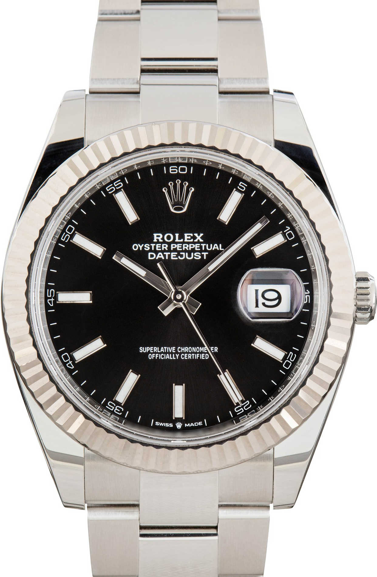 Rolex watch with black dial and silver metal strap on a white background