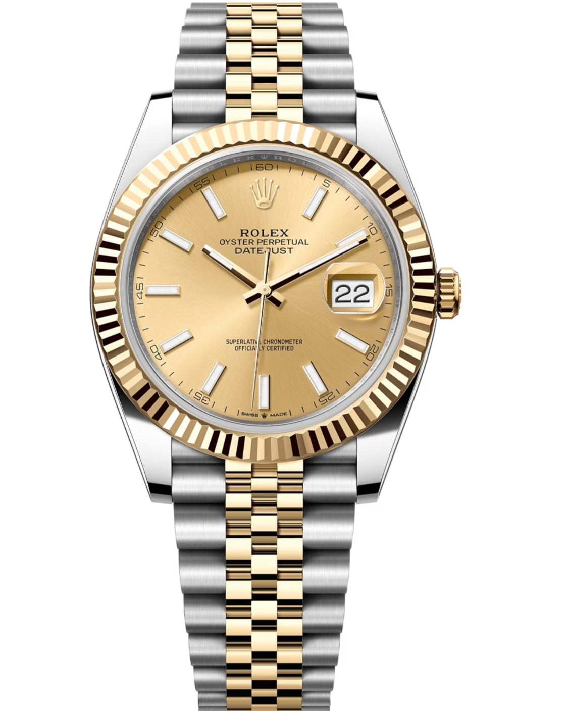 Two-tone Rolex watch with gold and silver band on a white background