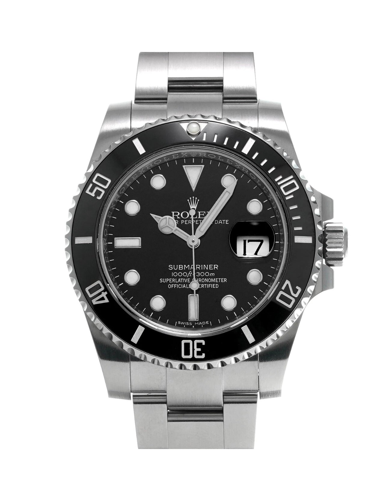 Rolex Submariner watch with black dial and silver case on a white background