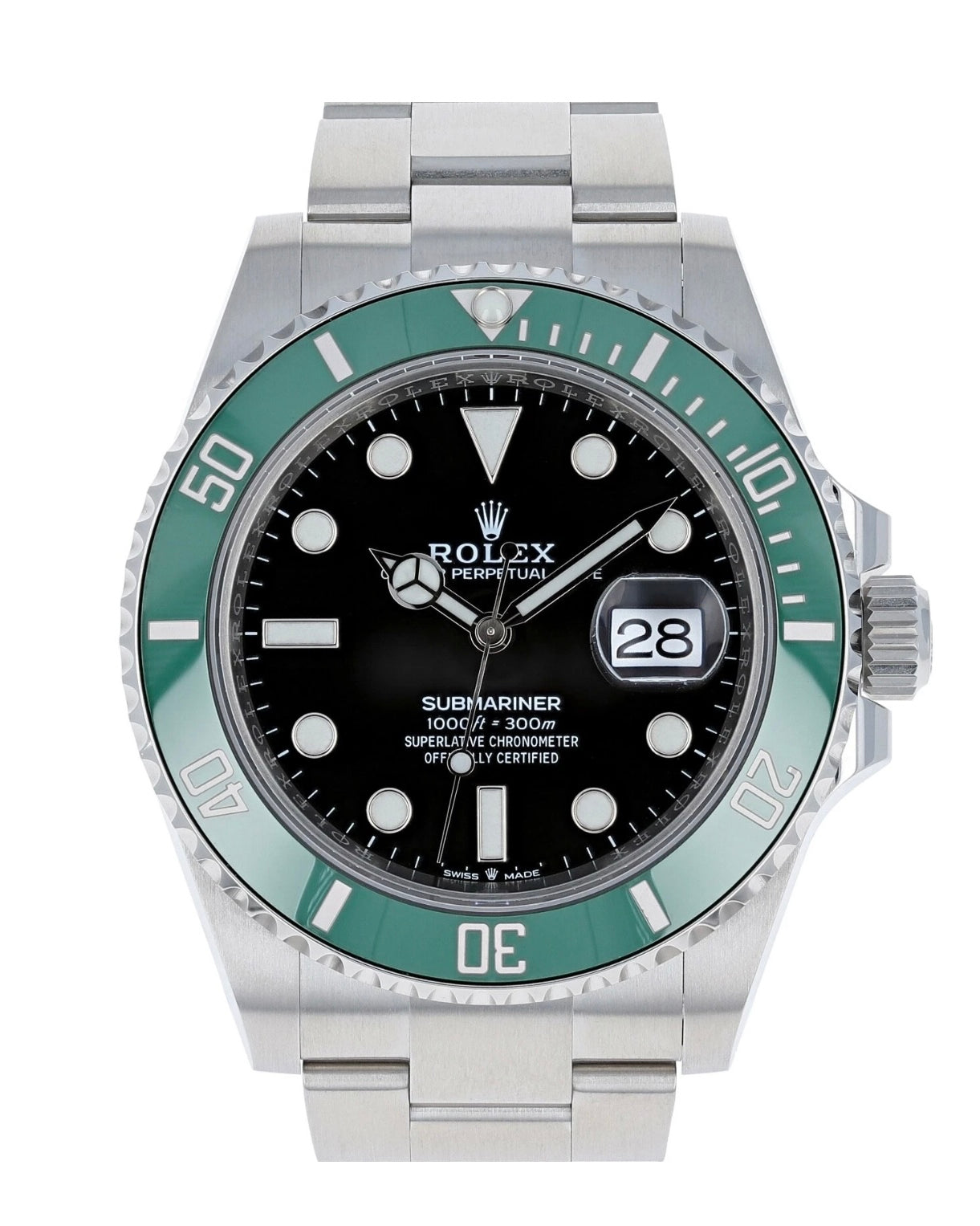 Rolex watch with black face and green bezel on a white background