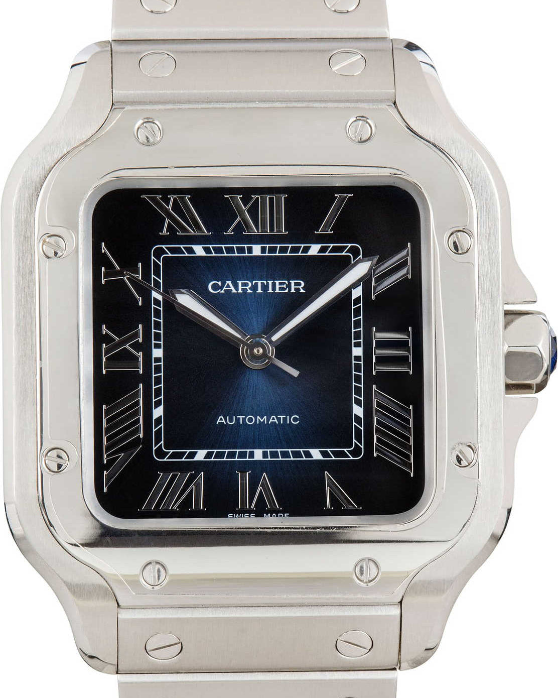 Cartier watch with black face and silver metal case on a white background