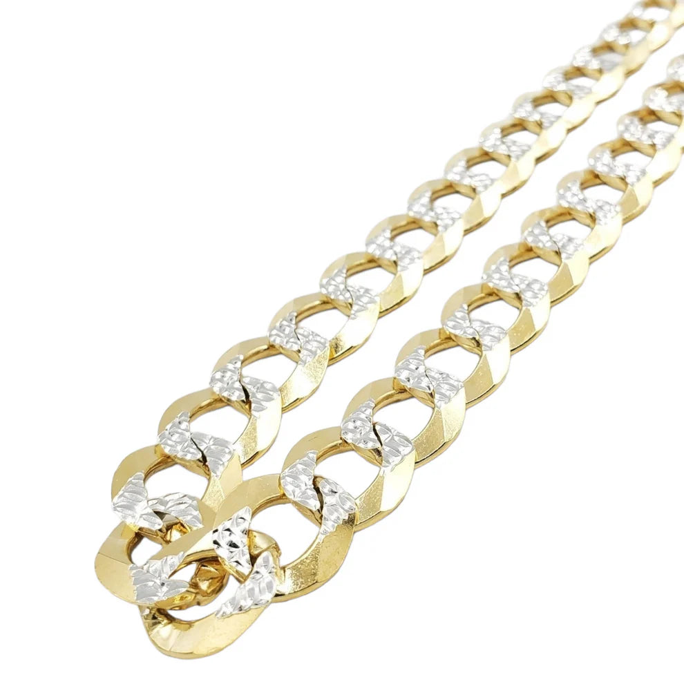A gold curb chain necklace with diamond cut links.