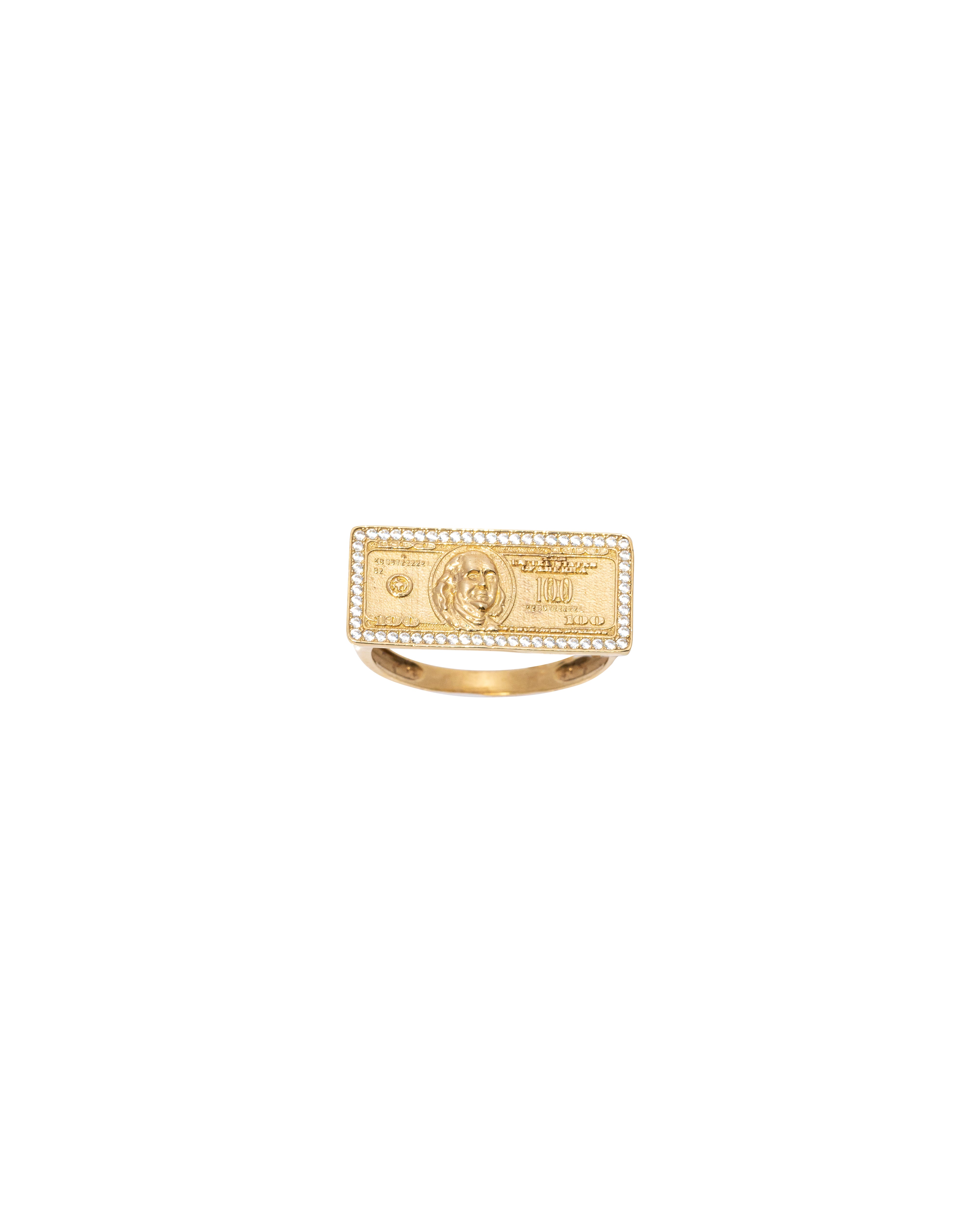 Gold ring with a dollar bill design on a white background