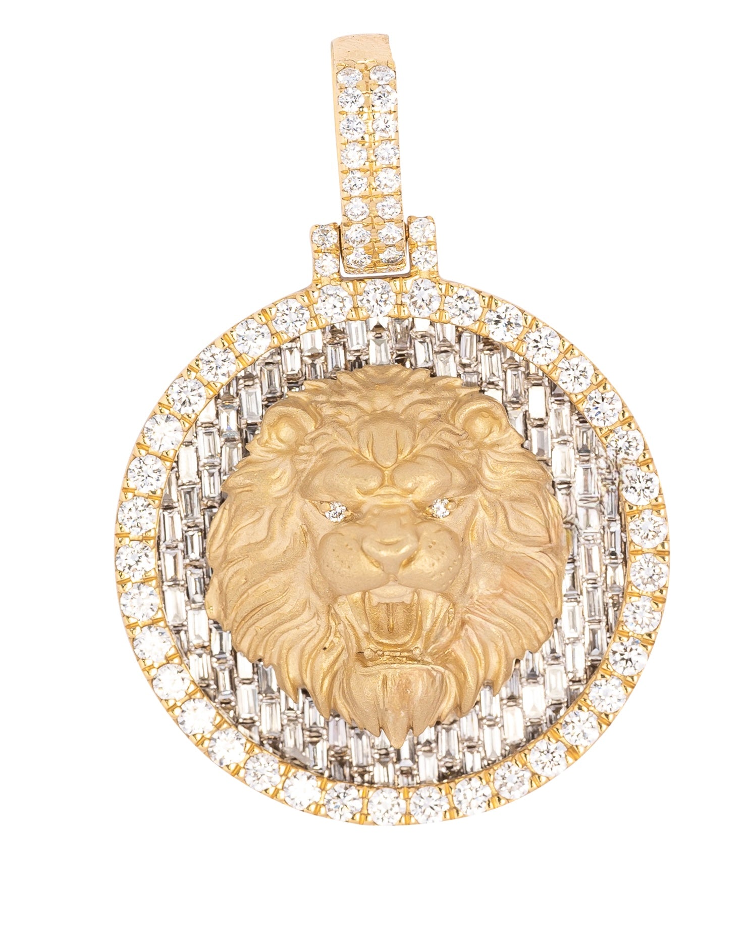 Gold lion head pendant with diamond accents on a white background