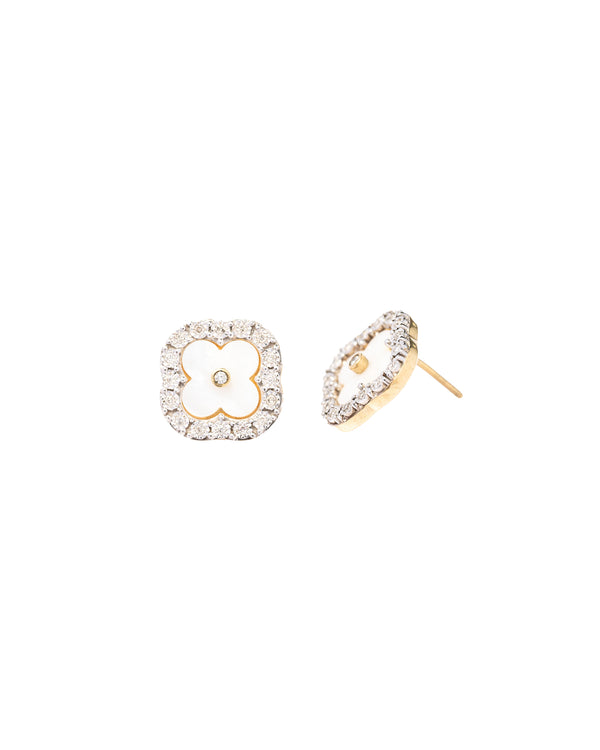 10K Gold Pearl Flower Diamond Earrings