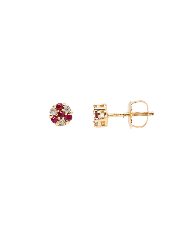 10K Gold Ruby Flower Cluster Diamond Earrings