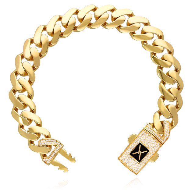 Gold chain bracelet with a decorative clasp on a white background