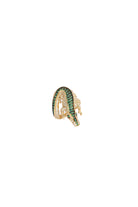 Gold earring with green gemstones on a white background