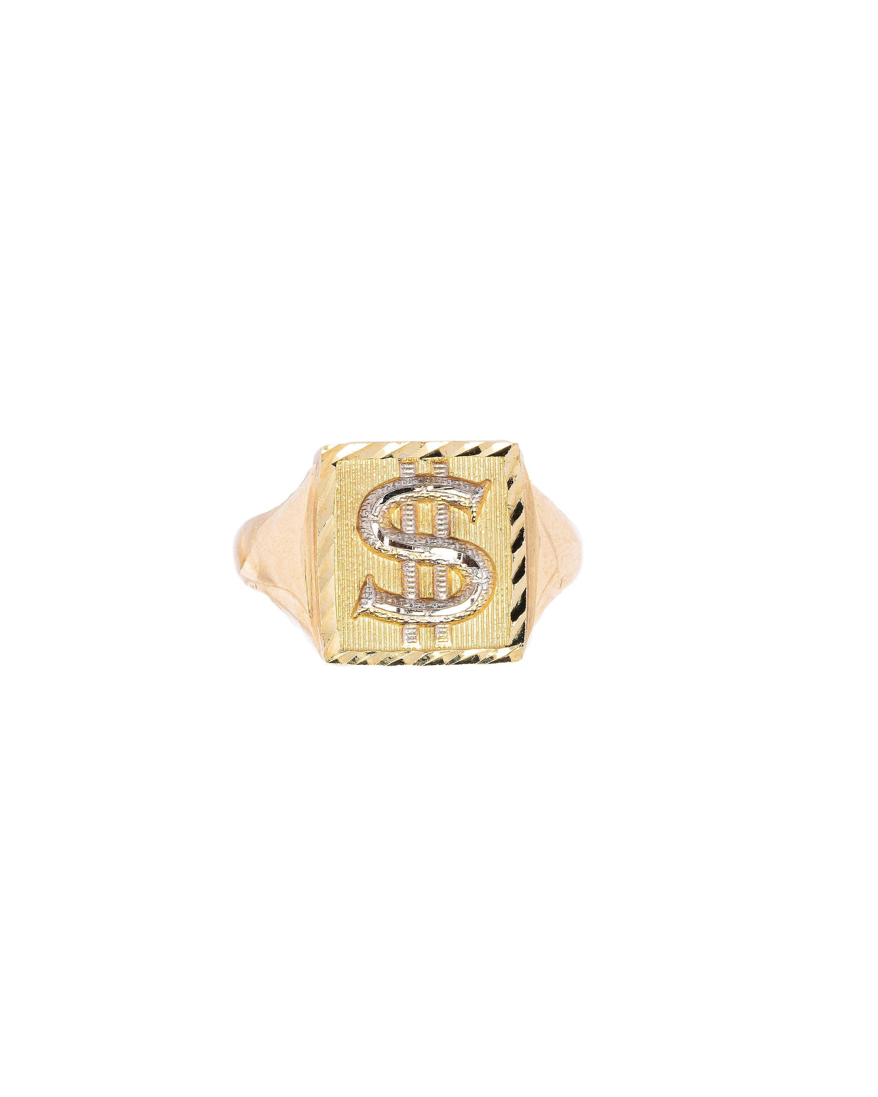 Gold ring with a letter 'S' on a white background