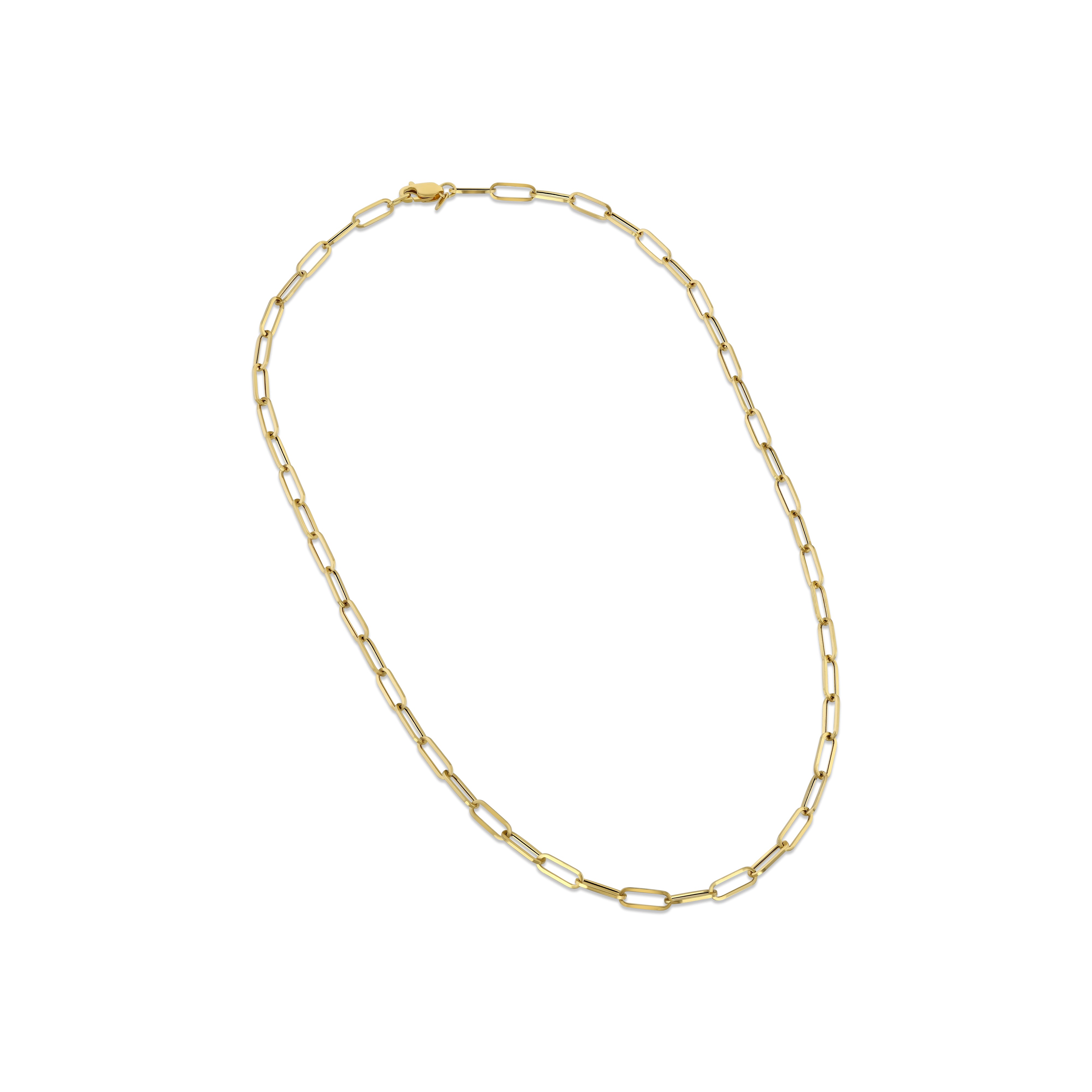 A 14k yellow gold paper clip chain necklace with a lobster clasp closure.