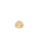 Gold ring with intricate design on a white background