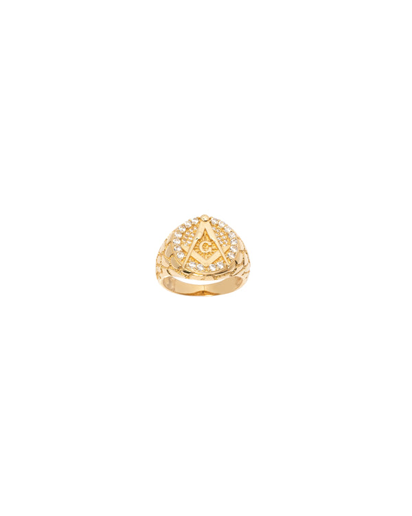 14K Gold CZ Free Mason Ring