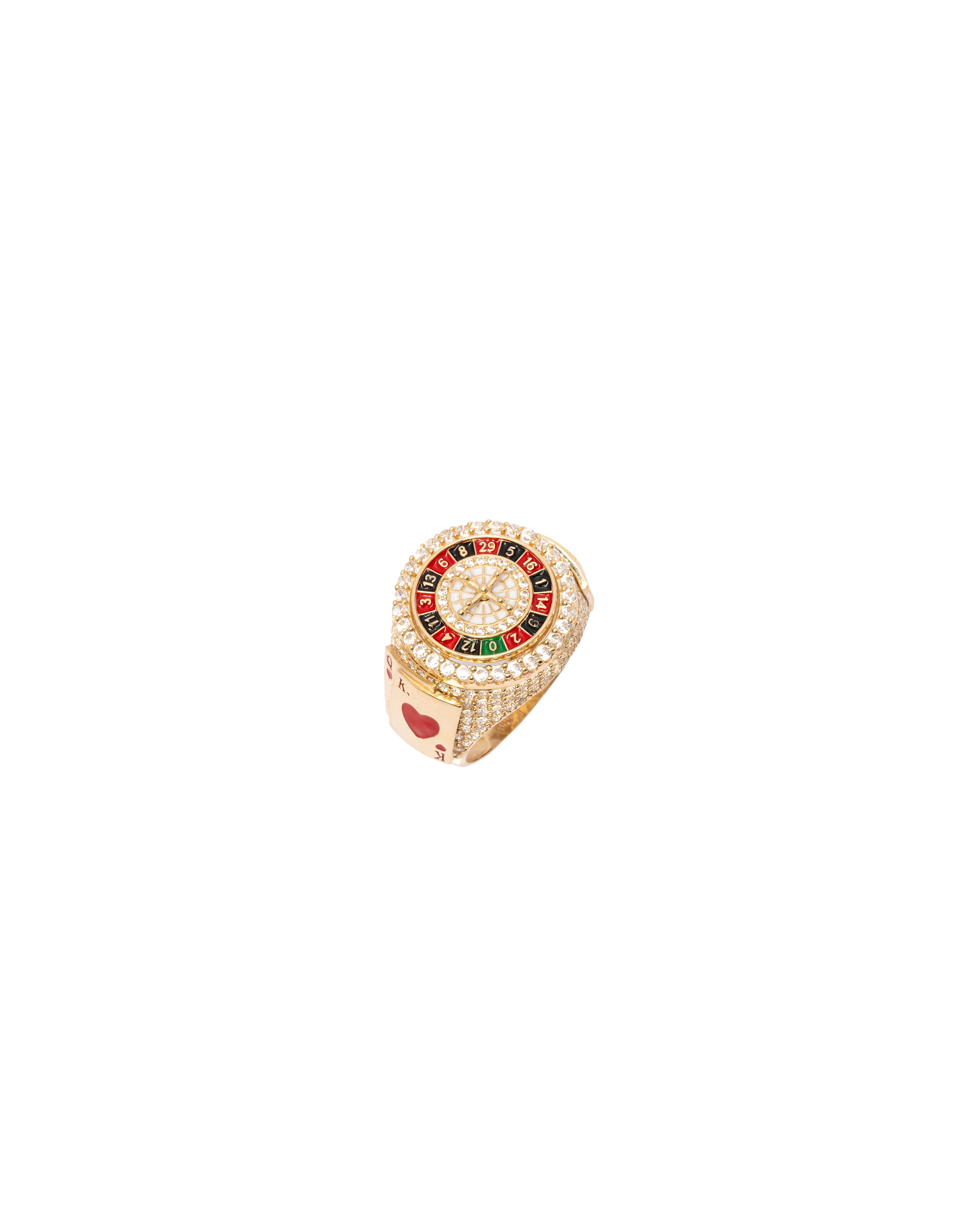 Gold ring with a design resembling a roulette wheel on a white background