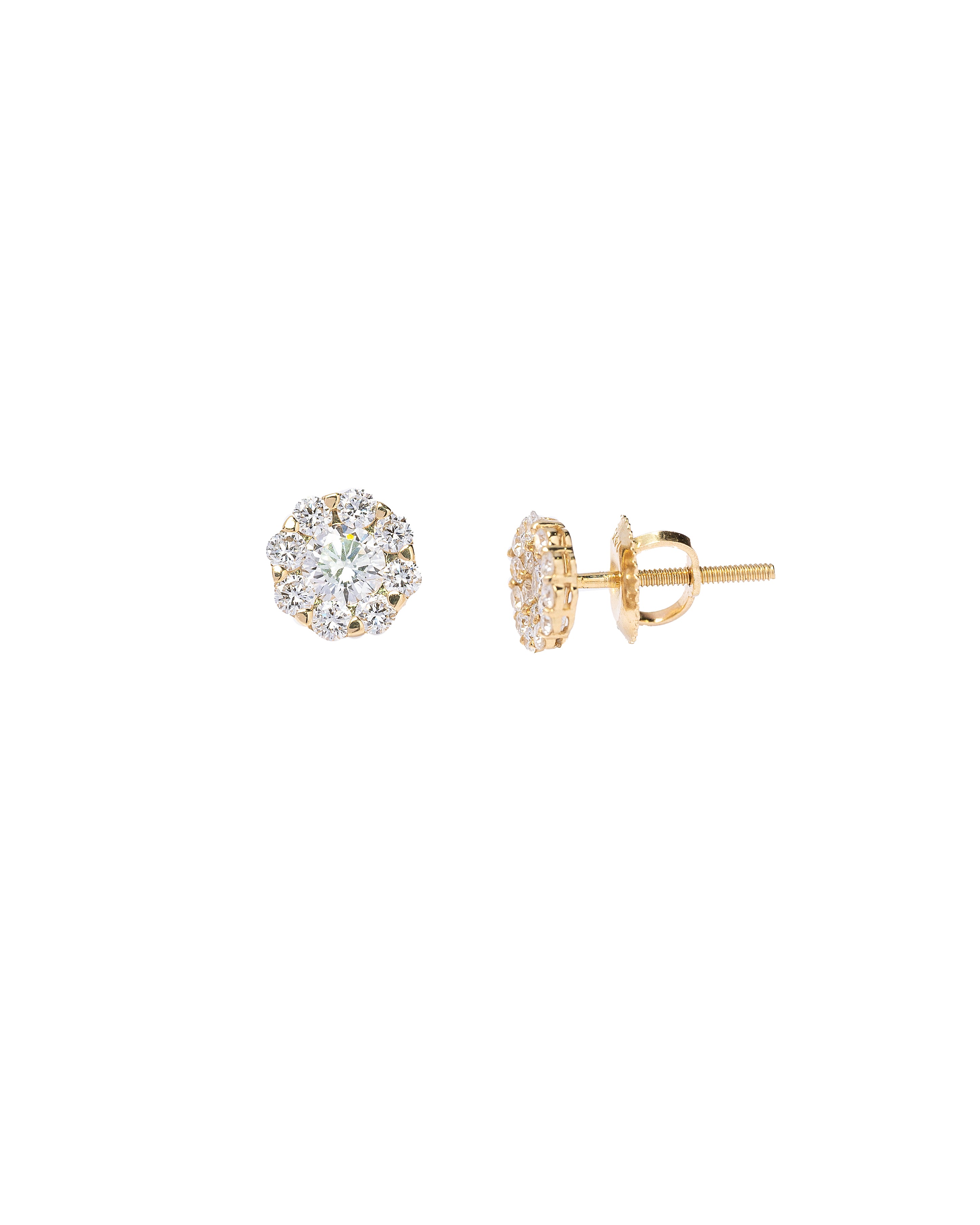 Gold stud earrings with clear gemstones on a white background