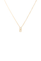 Gold necklace with a small rectangular pendant on a white background